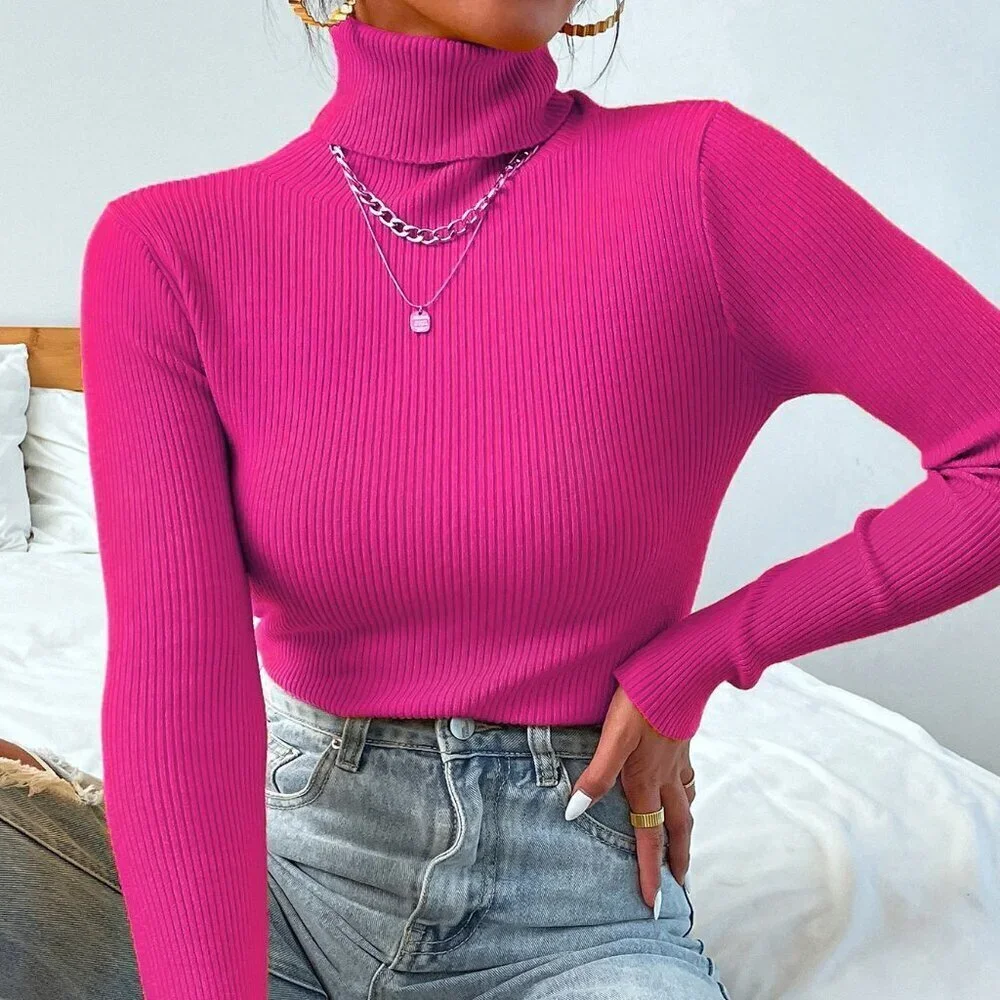 Hot Pink Casual Women's Turtleneck Ribbed Knit Long Sleeve Pullover Sweater